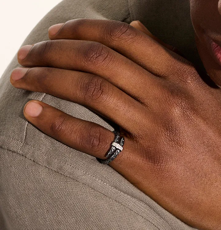 John Hardy Spear Sterling Silver Pave Diamond Coil Ring with Black Rhodium