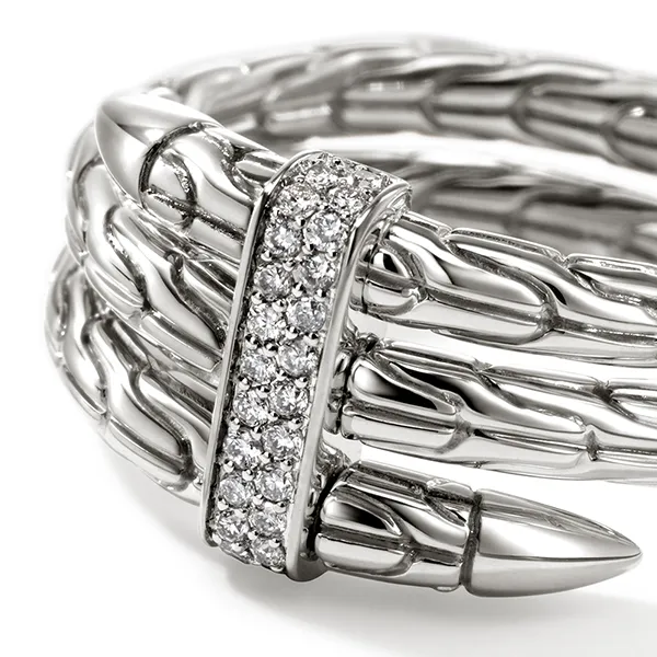 John Hardy Spear Sterling Silver Pave Diamond Double Coil Ring