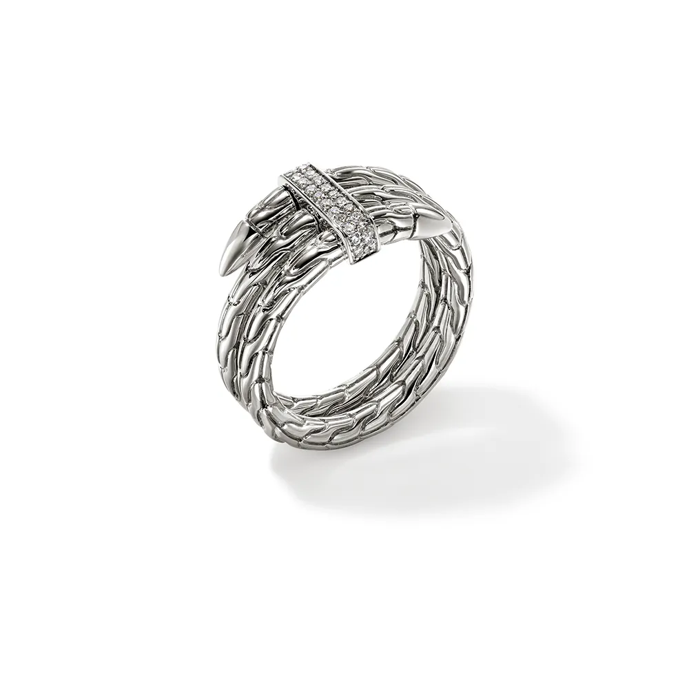 John Hardy Spear Sterling Silver Pave Diamond Double Coil Ring