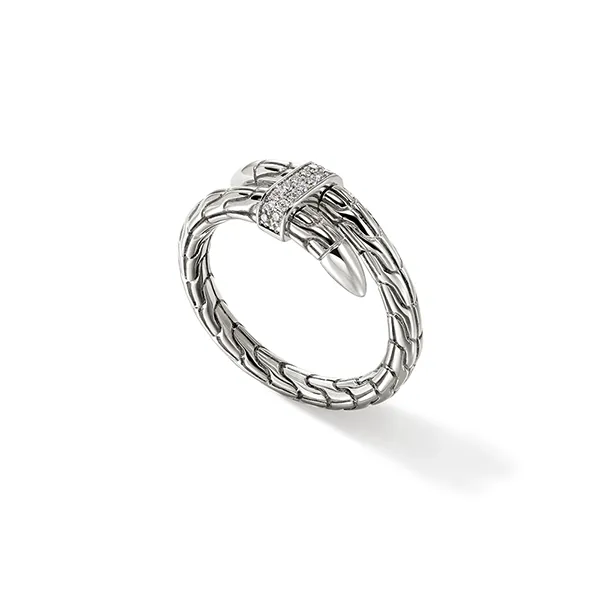 John Hardy Spear Sterling Silver Pave Diamond Single Coil Ring