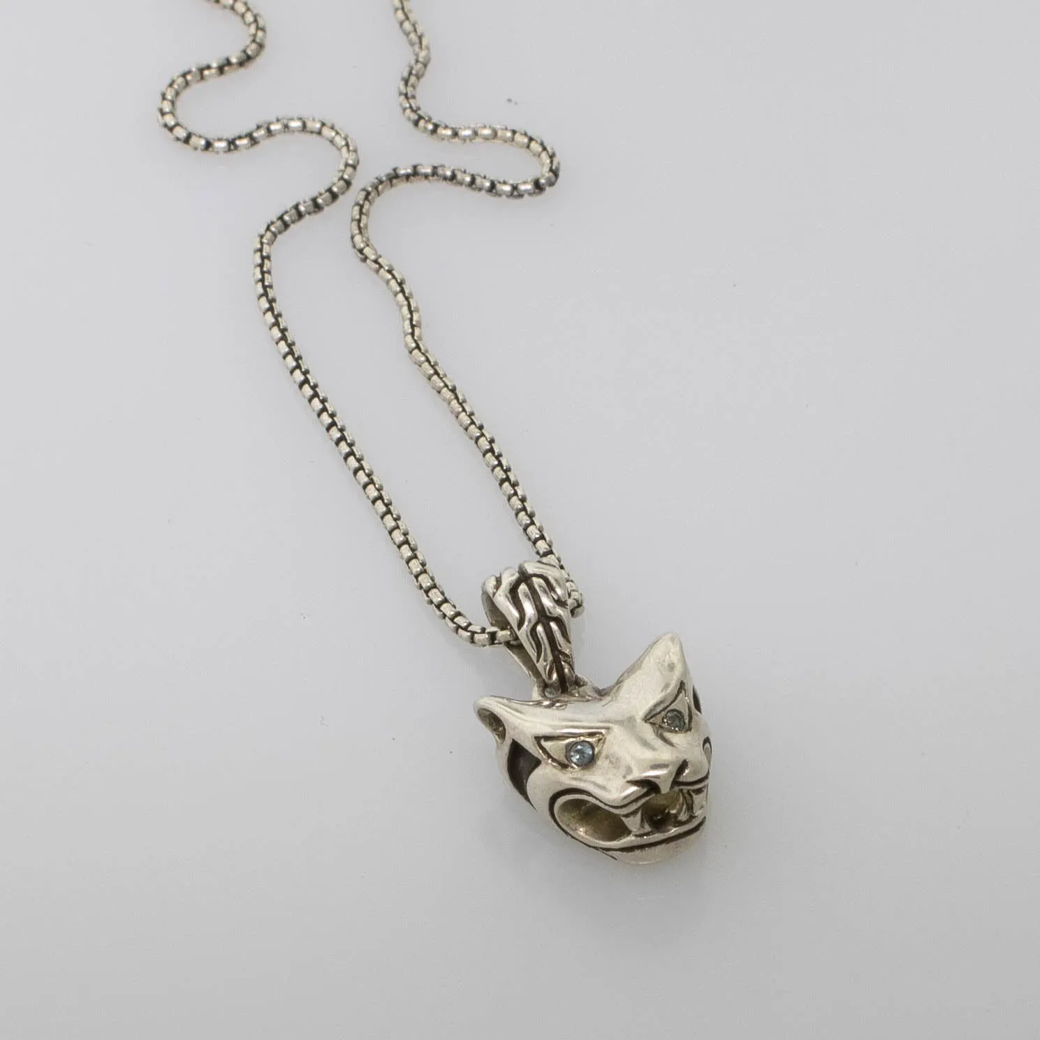 John Hardy Sterling Silver Tiger Necklace w/ Blue Eyes 18" 5 dwt Box Chain
