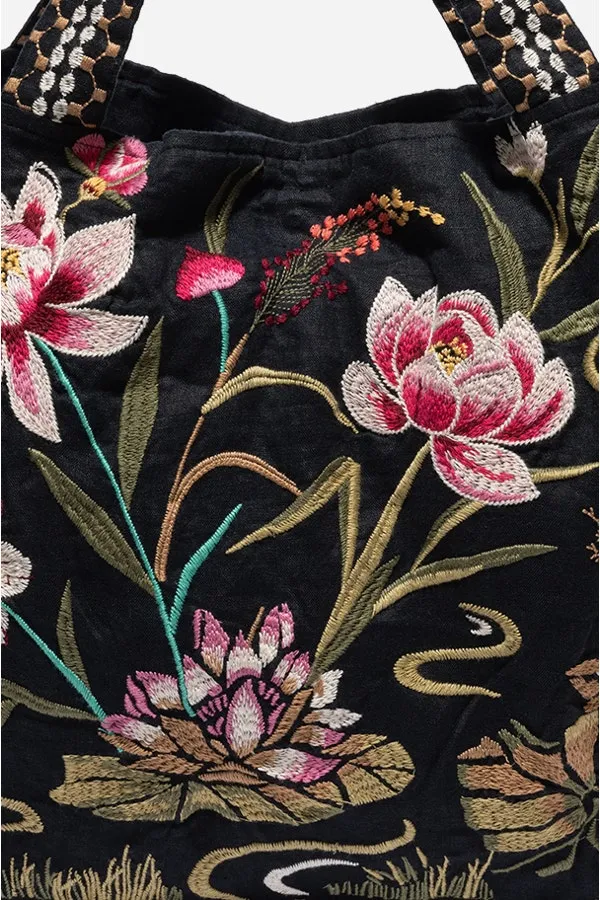 Johnny Was Maisie Linen Tote Floral Black Handbag Flowers Embroidery Bag New