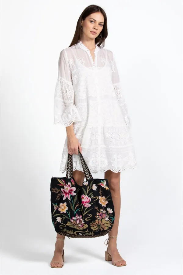 Johnny Was Maisie Linen Tote Floral Black Handbag Flowers Embroidery Bag New
