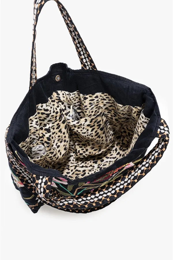 Johnny Was Maisie Linen Tote Floral Black Handbag Flowers Embroidery Bag New