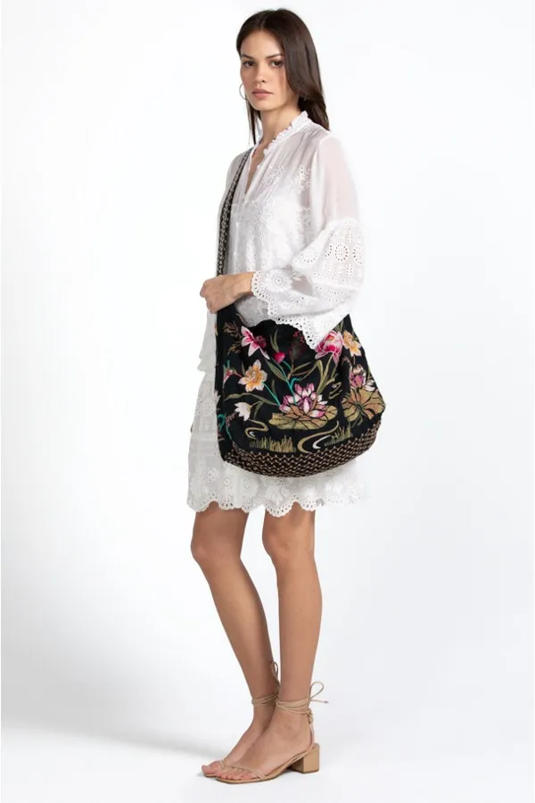 Johnny Was Maisie Linen Tote Floral Black Handbag Flowers Embroidery Bag New