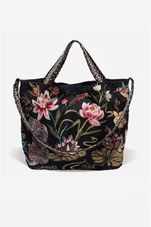 Johnny Was Maisie Linen Tote Floral Black Handbag Flowers Embroidery Bag New