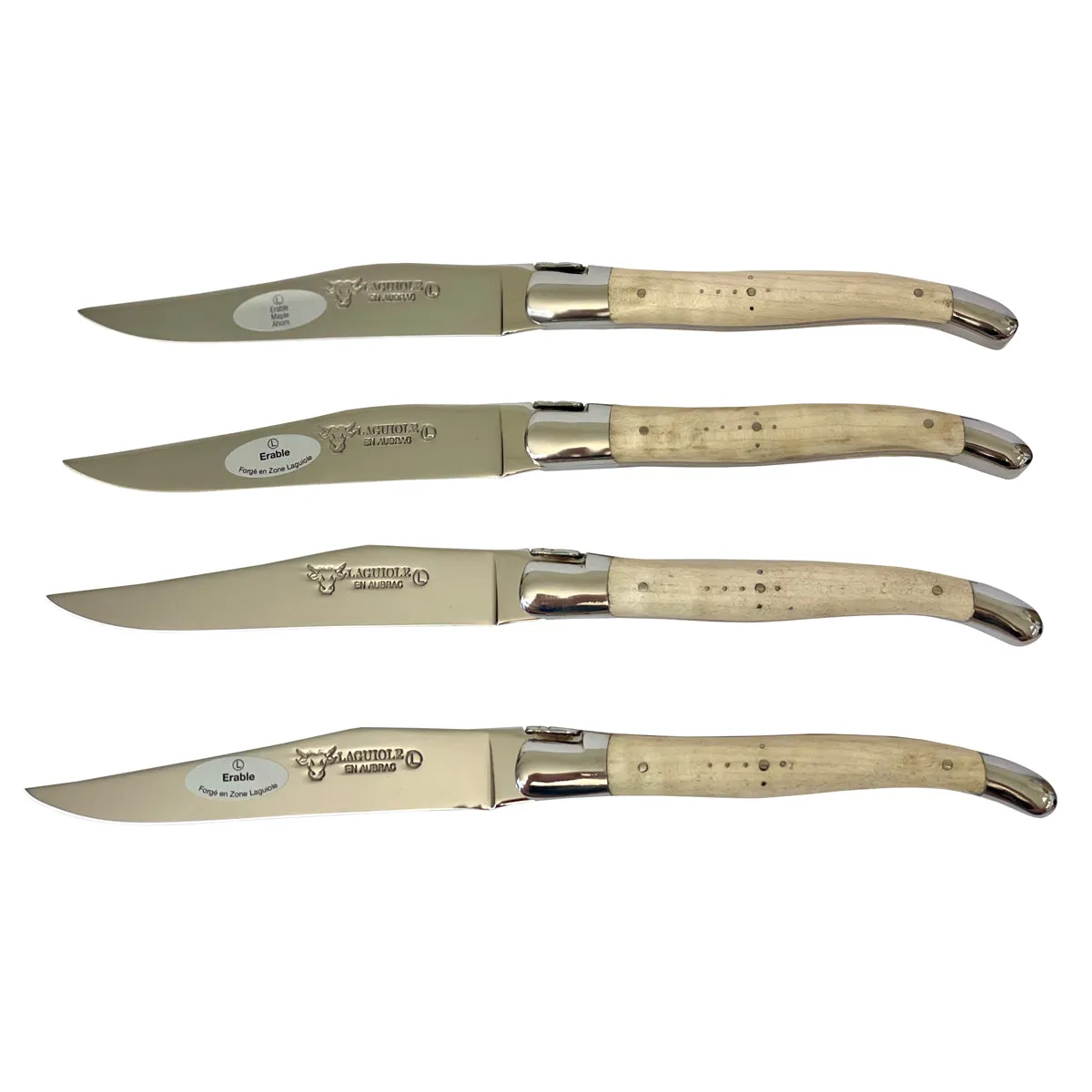 Laguiole en Aubrac Handcrafted 4-Piece Steak Knife Set with Wavy Natural Maple Wood Handles