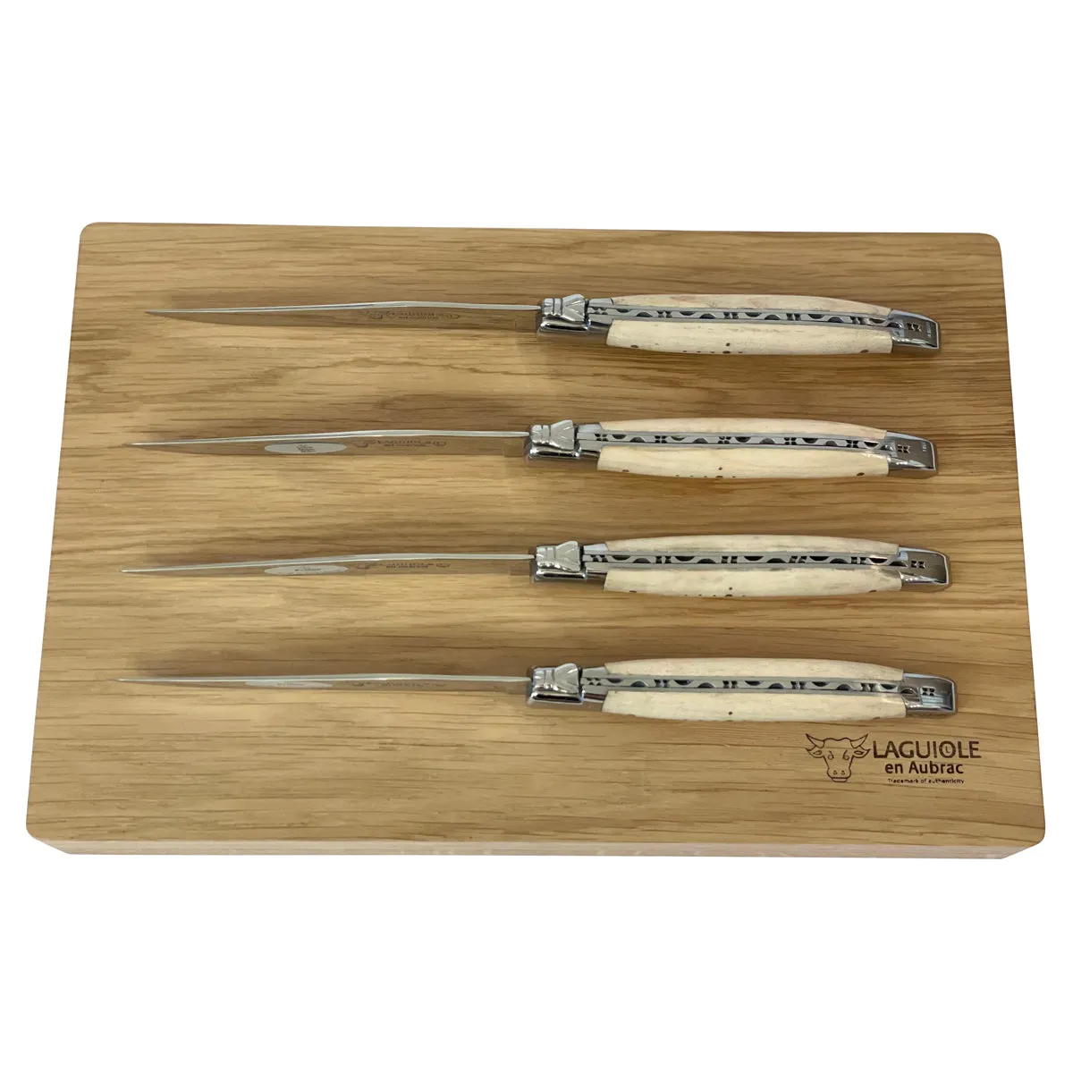 Laguiole en Aubrac Handcrafted 4-Piece Steak Knife Set with Wavy Natural Maple Wood Handles
