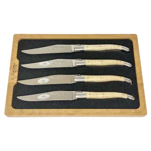 Laguiole en Aubrac Handcrafted 4-Piece Steak Knife Set with Wavy Natural Maple Wood Handles