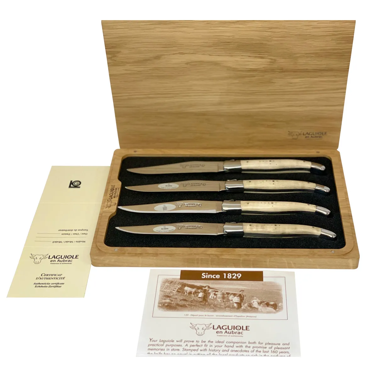 Laguiole en Aubrac Handcrafted 4-Piece Steak Knife Set with Wavy Natural Maple Wood Handles