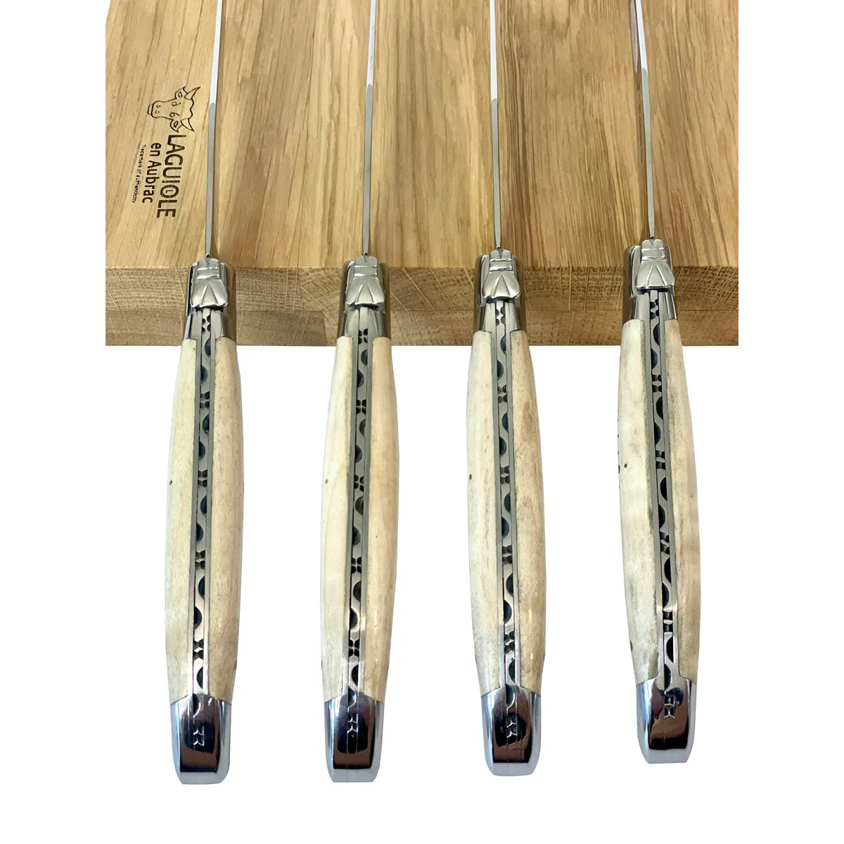 Laguiole en Aubrac Handcrafted 4-Piece Steak Knife Set with Wavy Natural Maple Wood Handles