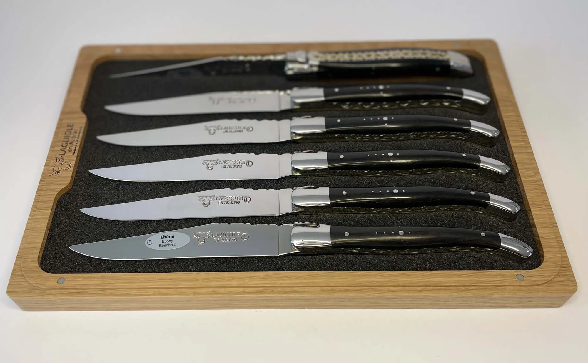 Laguiole en Aubrac Luxury Handcrafted Stainless Steel & Brass Double Plate 6-Piece Steak Knife Set with Ebony Wood Handles