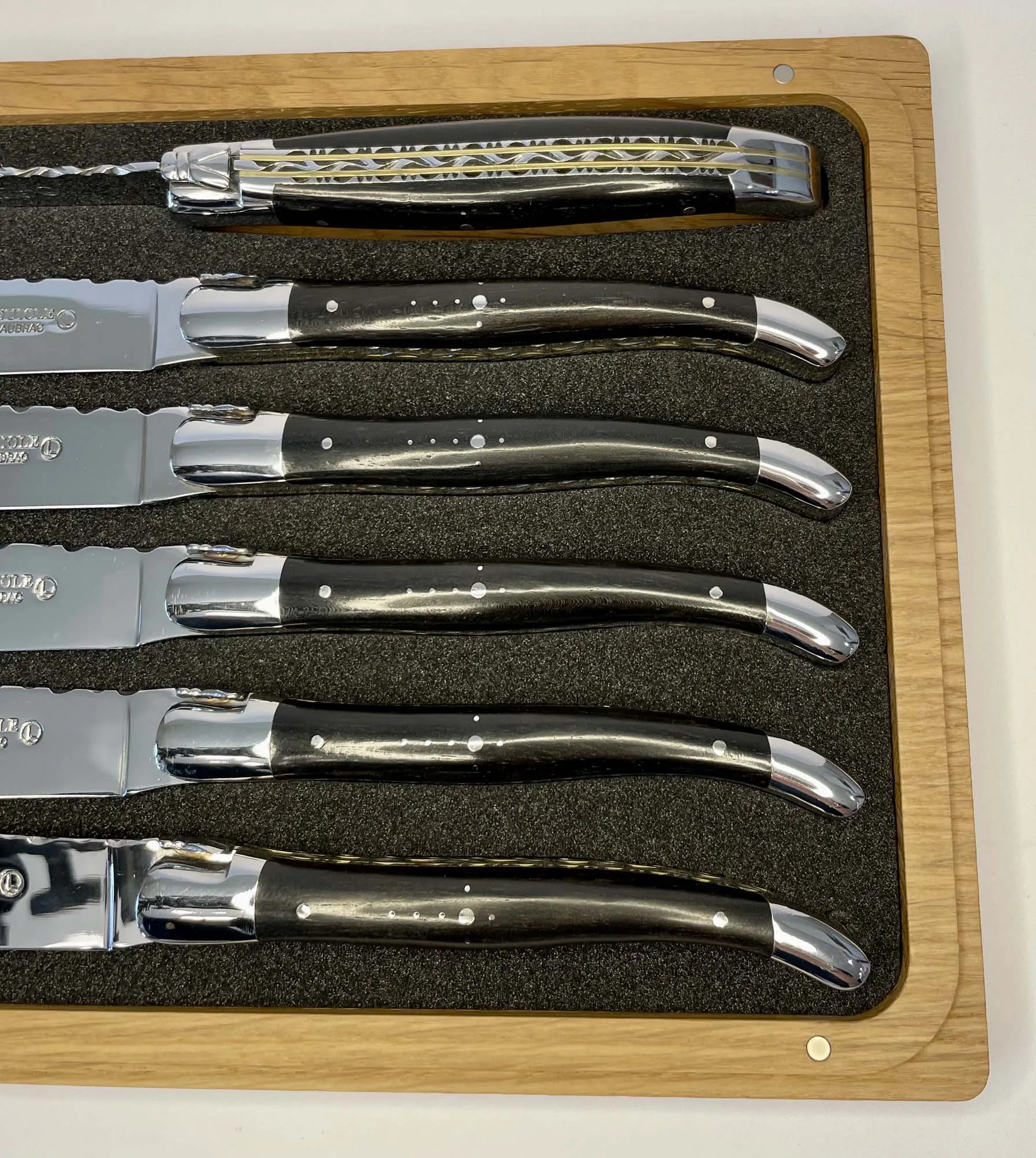 Laguiole en Aubrac Luxury Handcrafted Stainless Steel & Brass Double Plate 6-Piece Steak Knife Set with Ebony Wood Handles