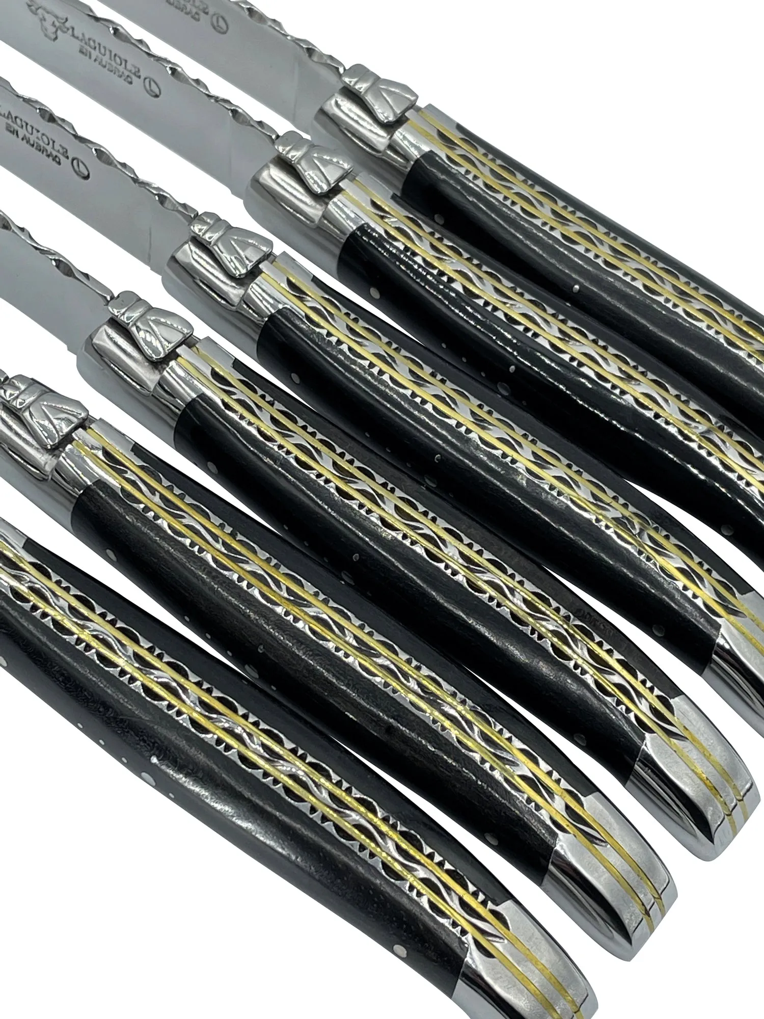 Laguiole en Aubrac Luxury Handcrafted Stainless Steel & Brass Double Plate 6-Piece Steak Knife Set with Ebony Wood Handles