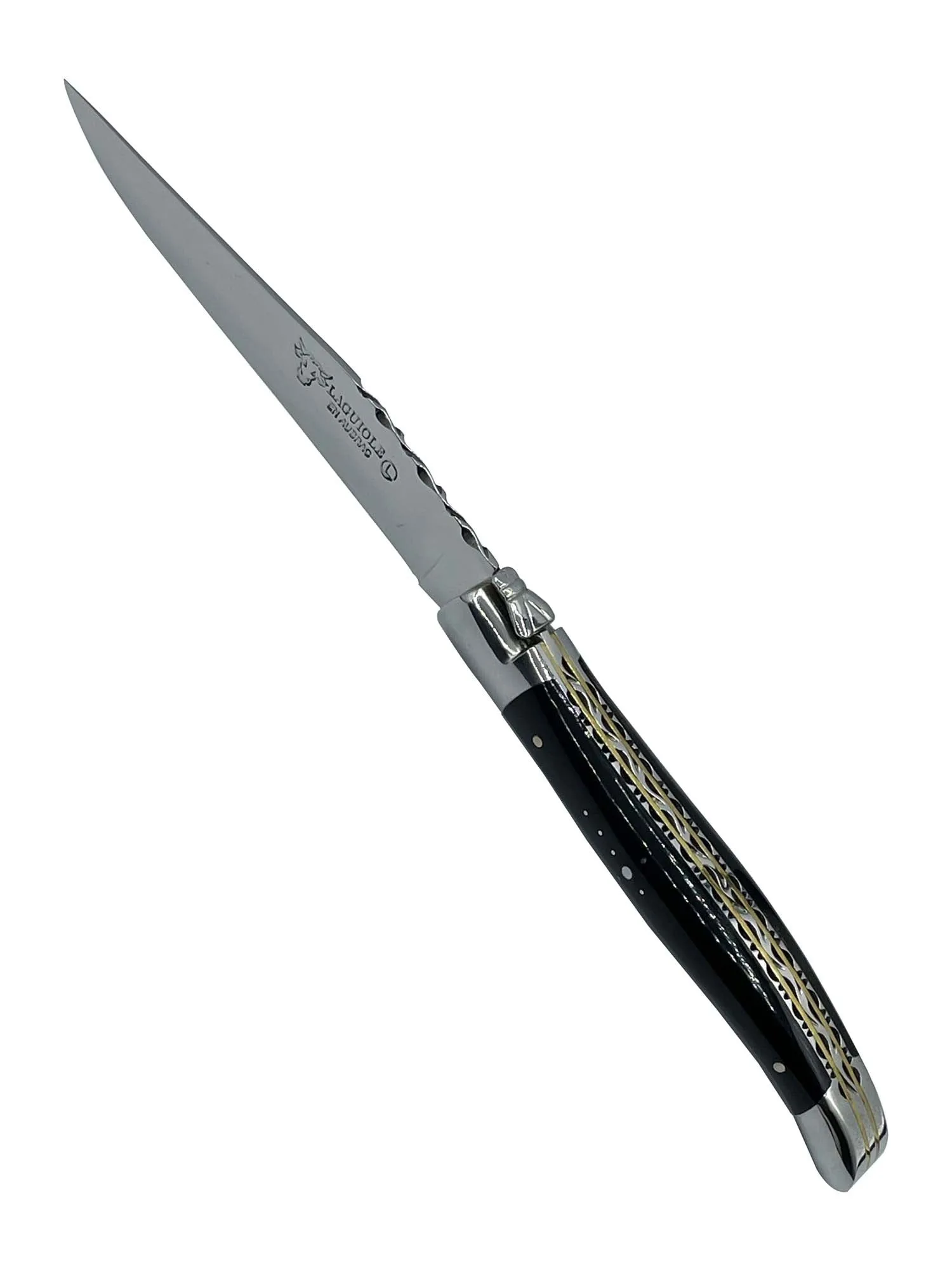 Laguiole en Aubrac Luxury Handcrafted Stainless Steel & Brass Double Plate 6-Piece Steak Knife Set with Ebony Wood Handles