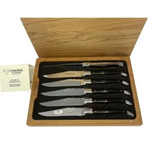 Laguiole en Aubrac Luxury Handcrafted Stainless Steel & Brass Double Plate 6-Piece Steak Knife Set with Ebony Wood Handles