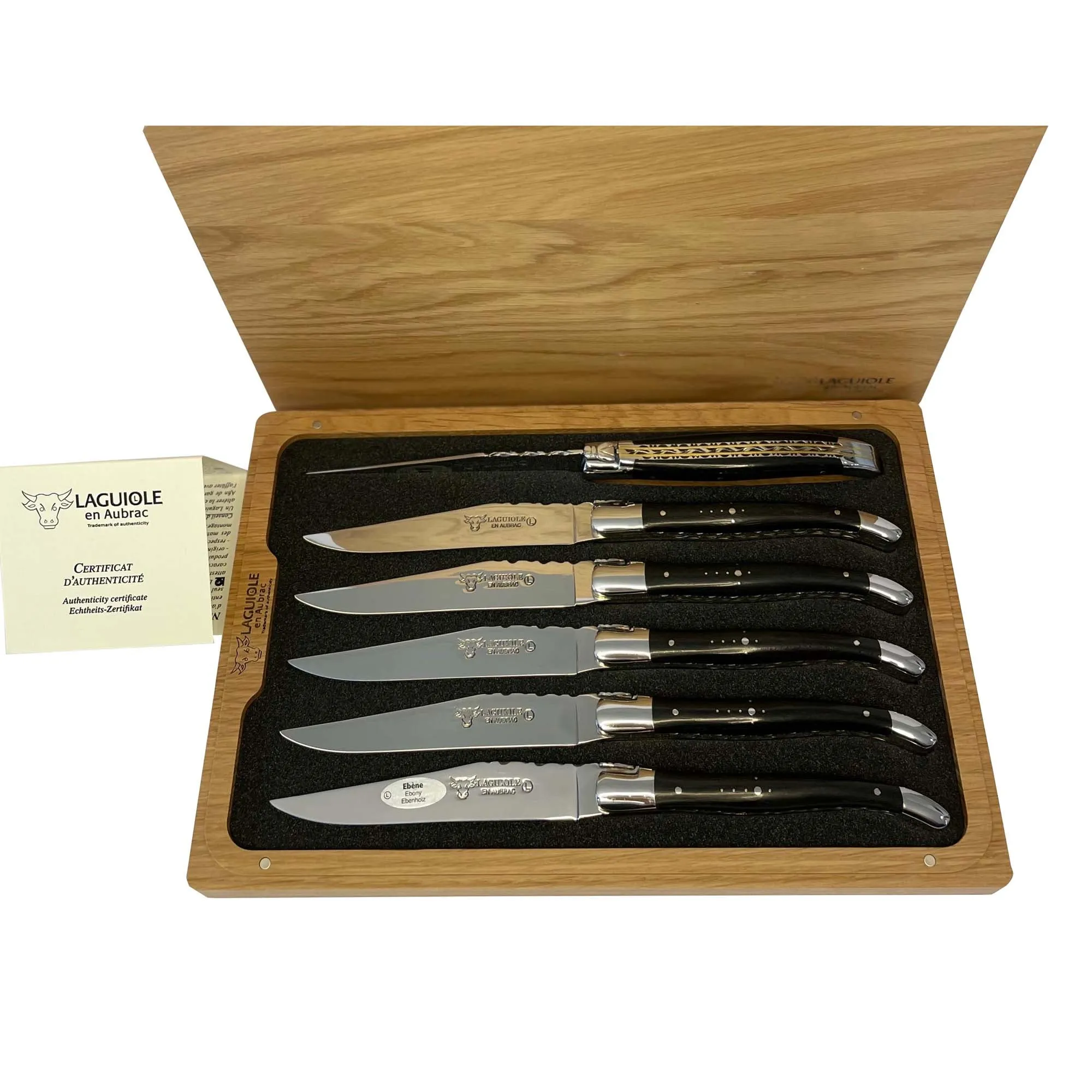 Laguiole en Aubrac Luxury Handcrafted Stainless Steel & Brass Double Plate 6-Piece Steak Knife Set with Ebony Wood Handles