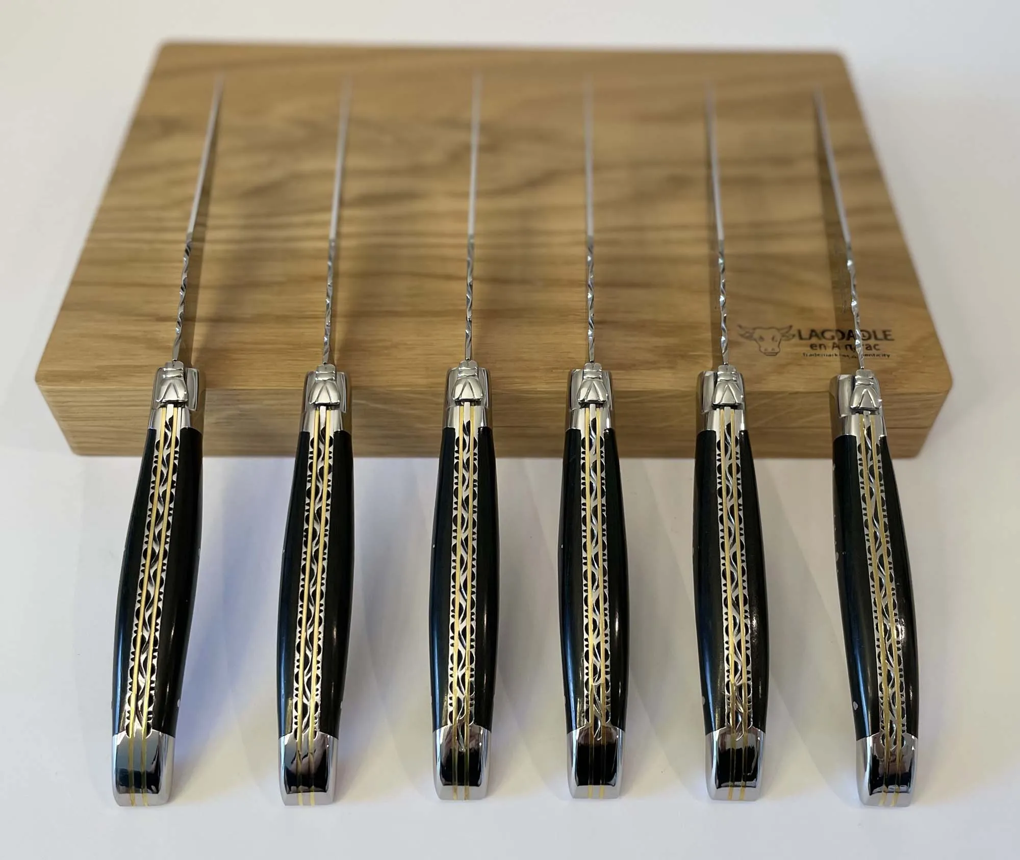 Laguiole en Aubrac Luxury Handcrafted Stainless Steel & Brass Double Plate 6-Piece Steak Knife Set with Ebony Wood Handles
