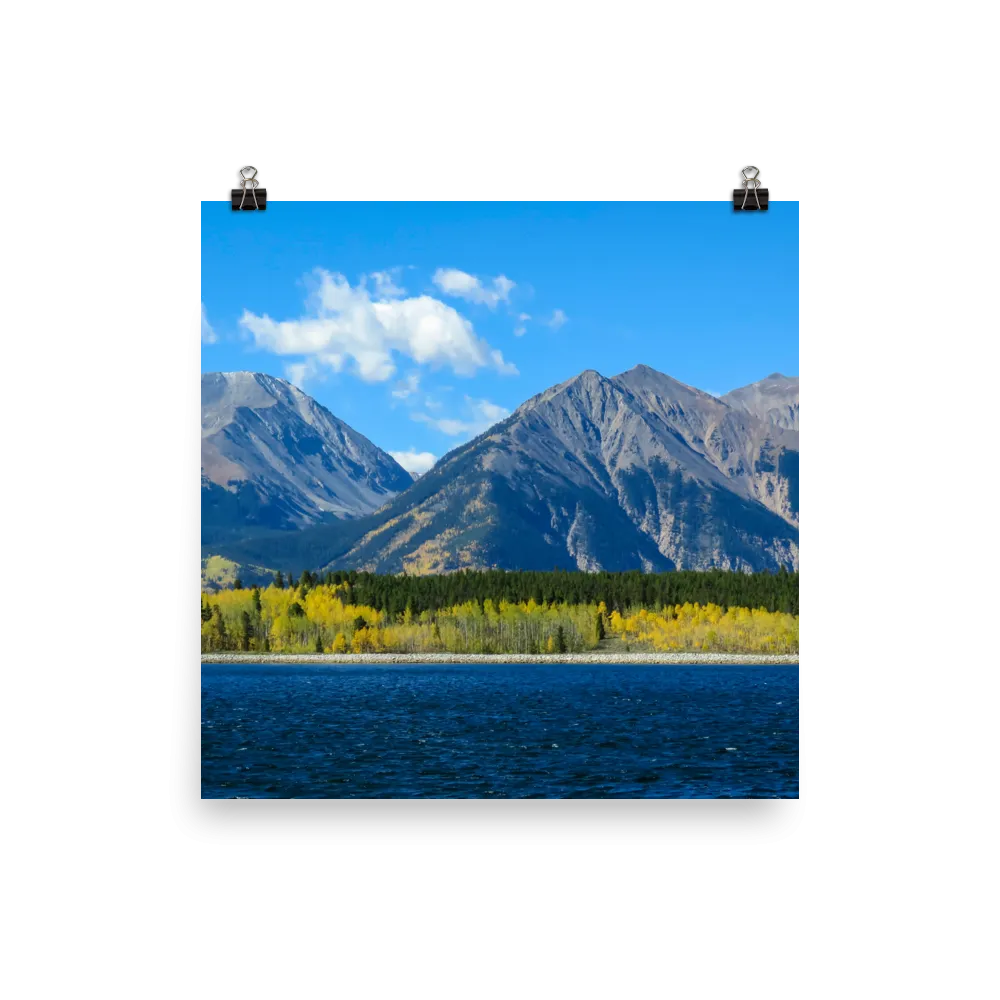 Lake Forebay with backdrop of massive peaks and yellow aspen - print