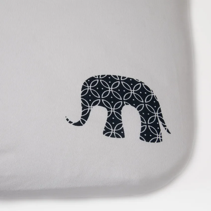 L&M Nursery Organic Jersey Cot Sheets-White/NavyElephant