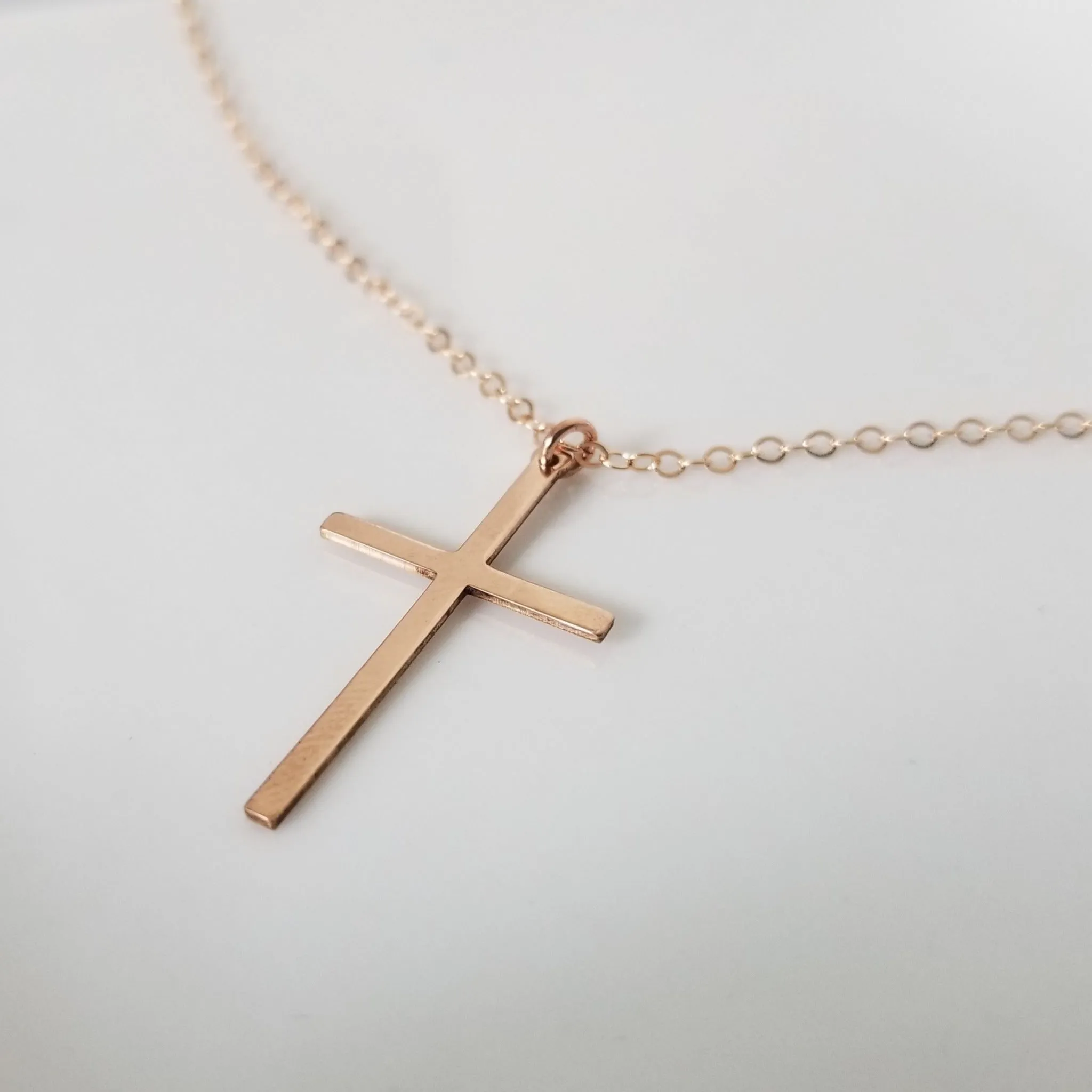 Long Sleek Cross Necklace - Gold or Rose Gold