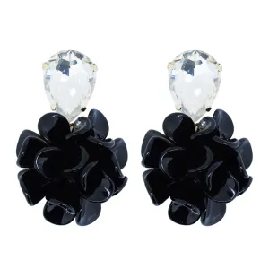 Midnight Gala Black Laquer Effect Dahlia Dangle Drop Crystal Earrings - Capricorn