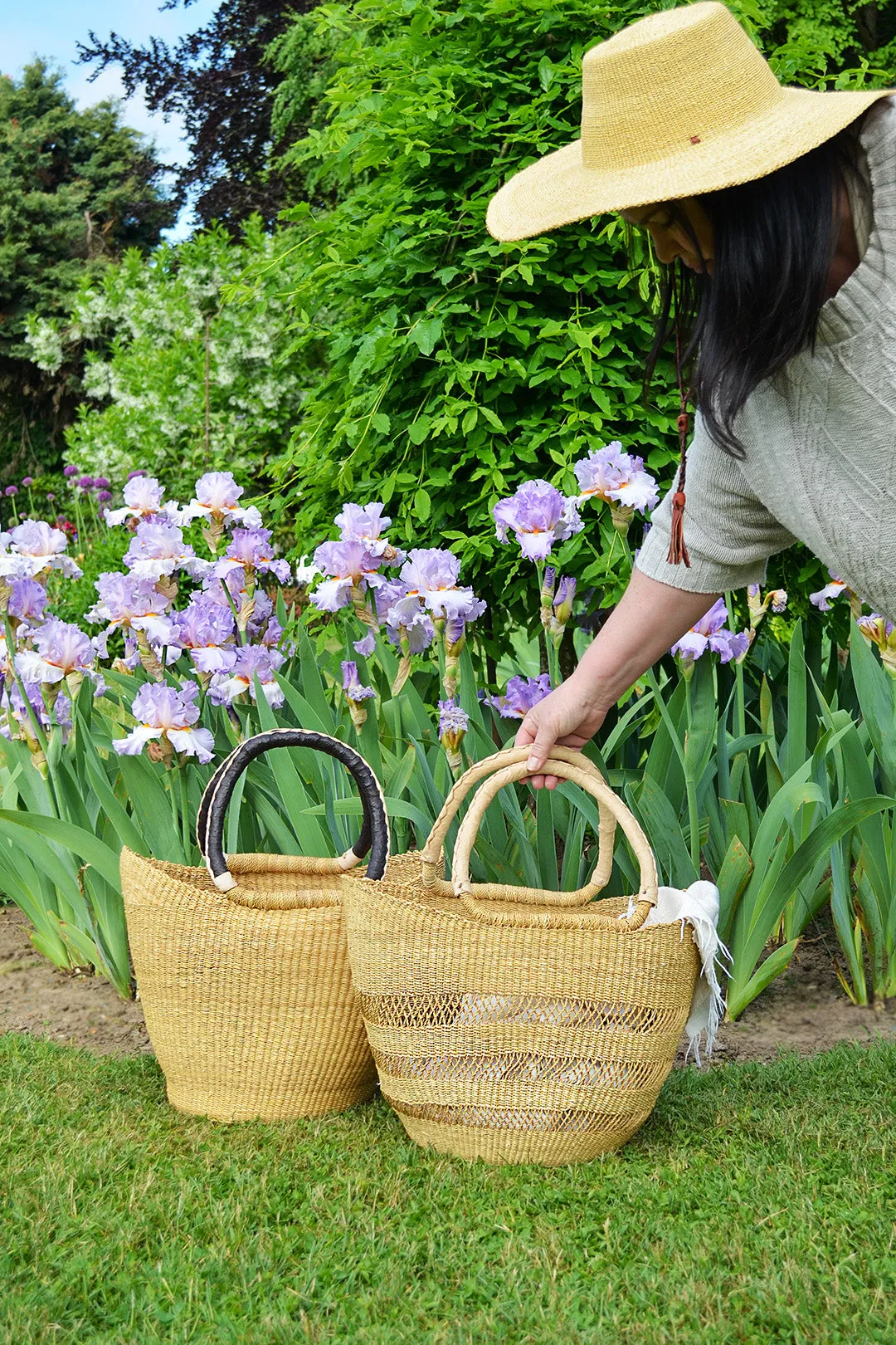 Natural Ghanaian Lacework Wing Shopper with Dye-Free Leather Handles