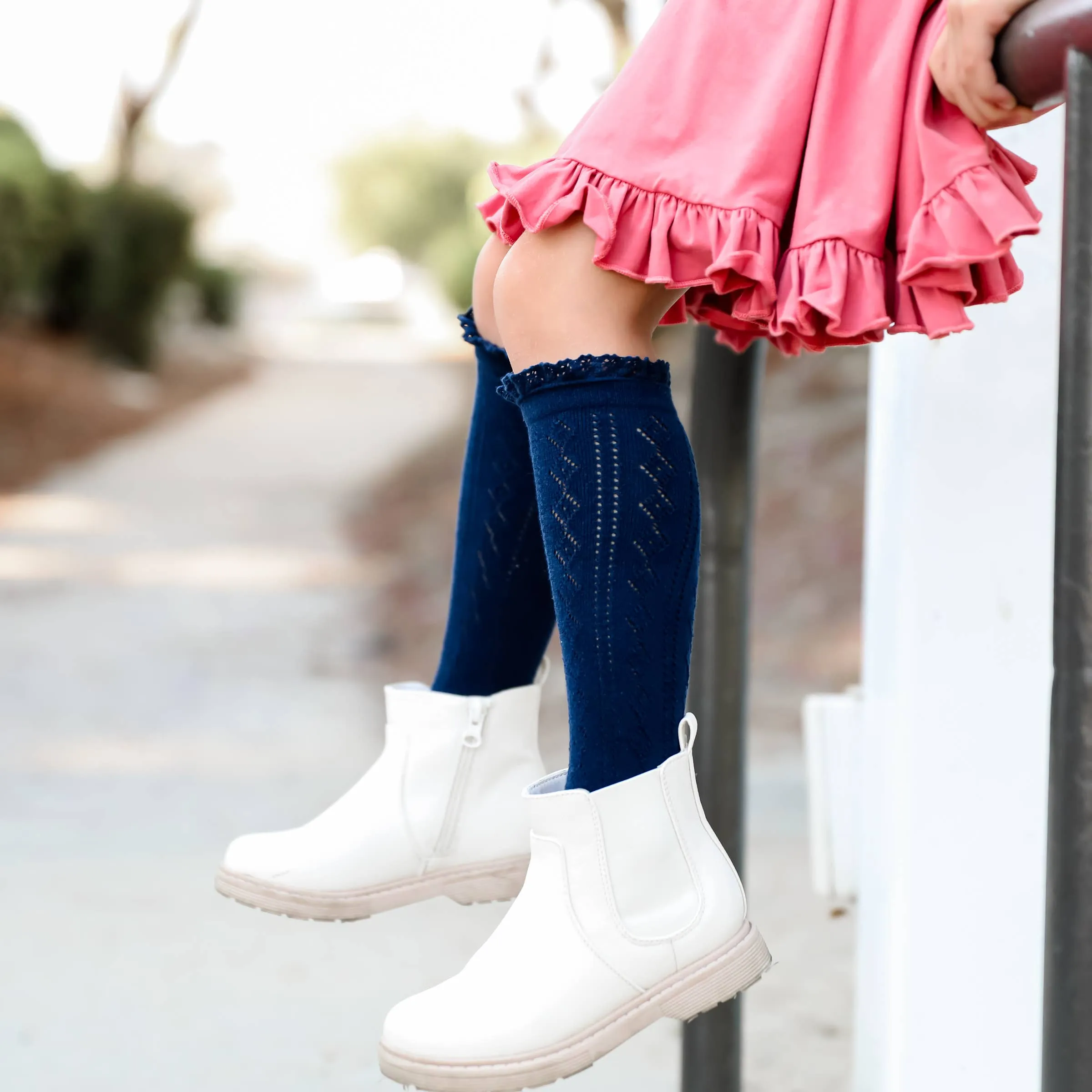 Navy Fancy Lace Top Knee High Socks