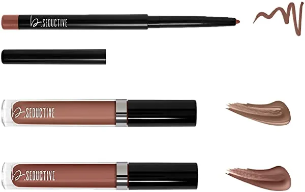 One Click Beauty b.Seductive 3-Piece Lip Kit, Longwear Makeup, Smudge Proof Liquid Lip Colors and a Lip Liner, Velvet Finish, The Warm Nudes