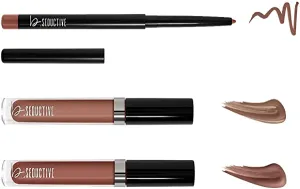 One Click Beauty b.Seductive 3-Piece Lip Kit, Longwear Makeup, Smudge Proof Liquid Lip Colors and a Lip Liner, Velvet Finish, The Warm Nudes