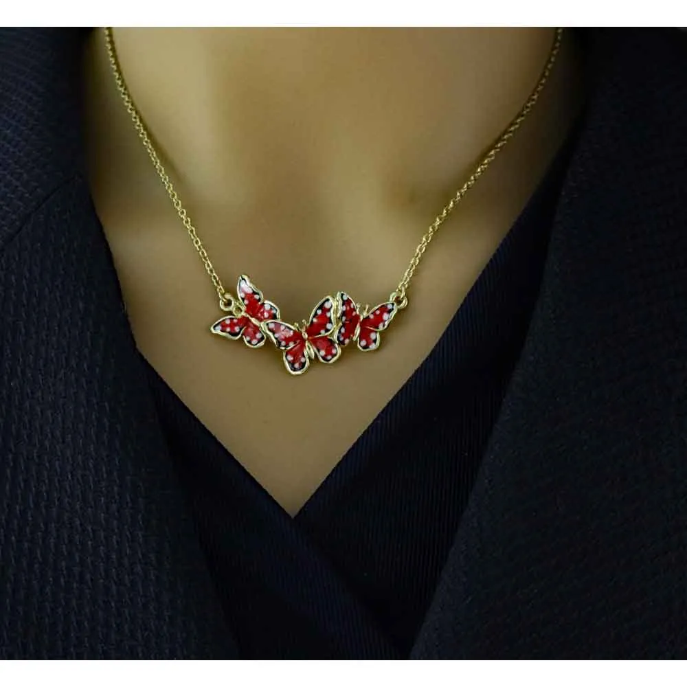 Orange and White Enamel Speckled Butterflies Necklace - FN481
