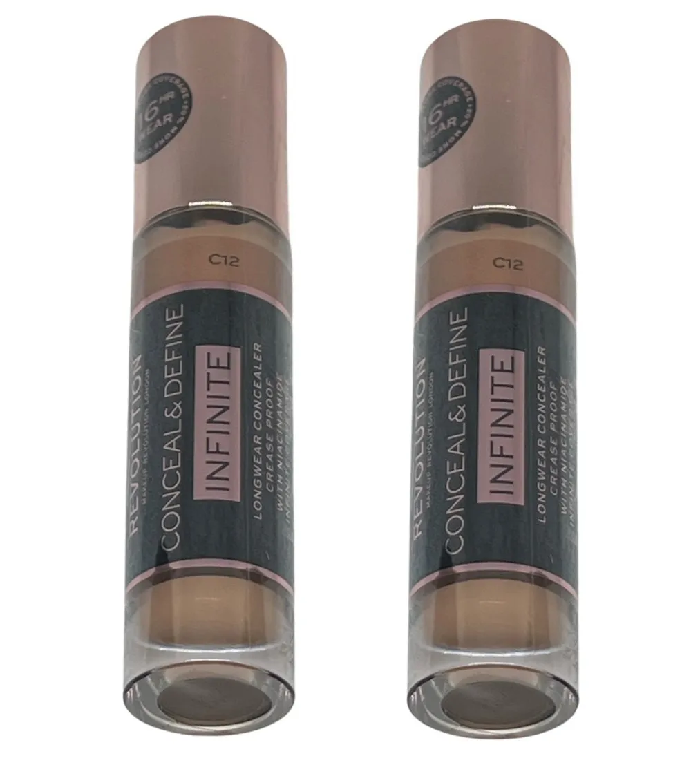 Pack of 2 Makeup Revolution Beauty Conceal & Define Infinite Longwear Concealer XL, C12