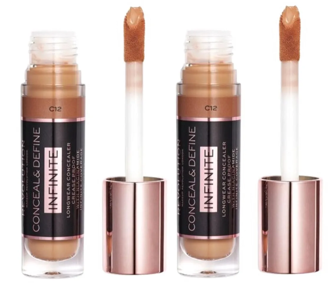 Pack of 2 Makeup Revolution Beauty Conceal & Define Infinite Longwear Concealer XL, C12