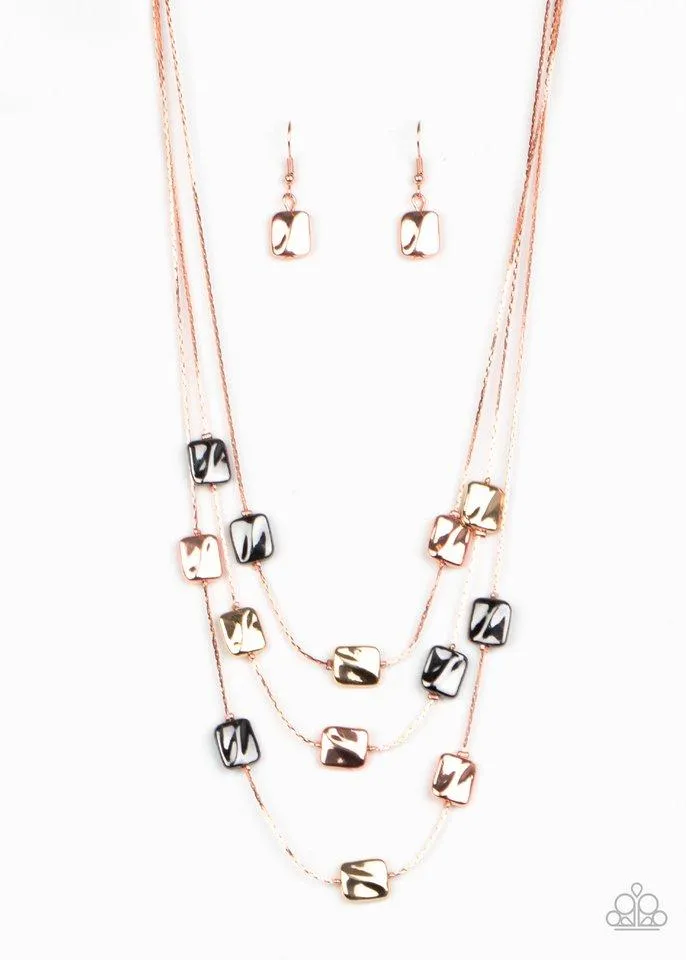 Paparazzi " Downtown Reflections " Copper Metal Multi Colored Layered Necklace Set
