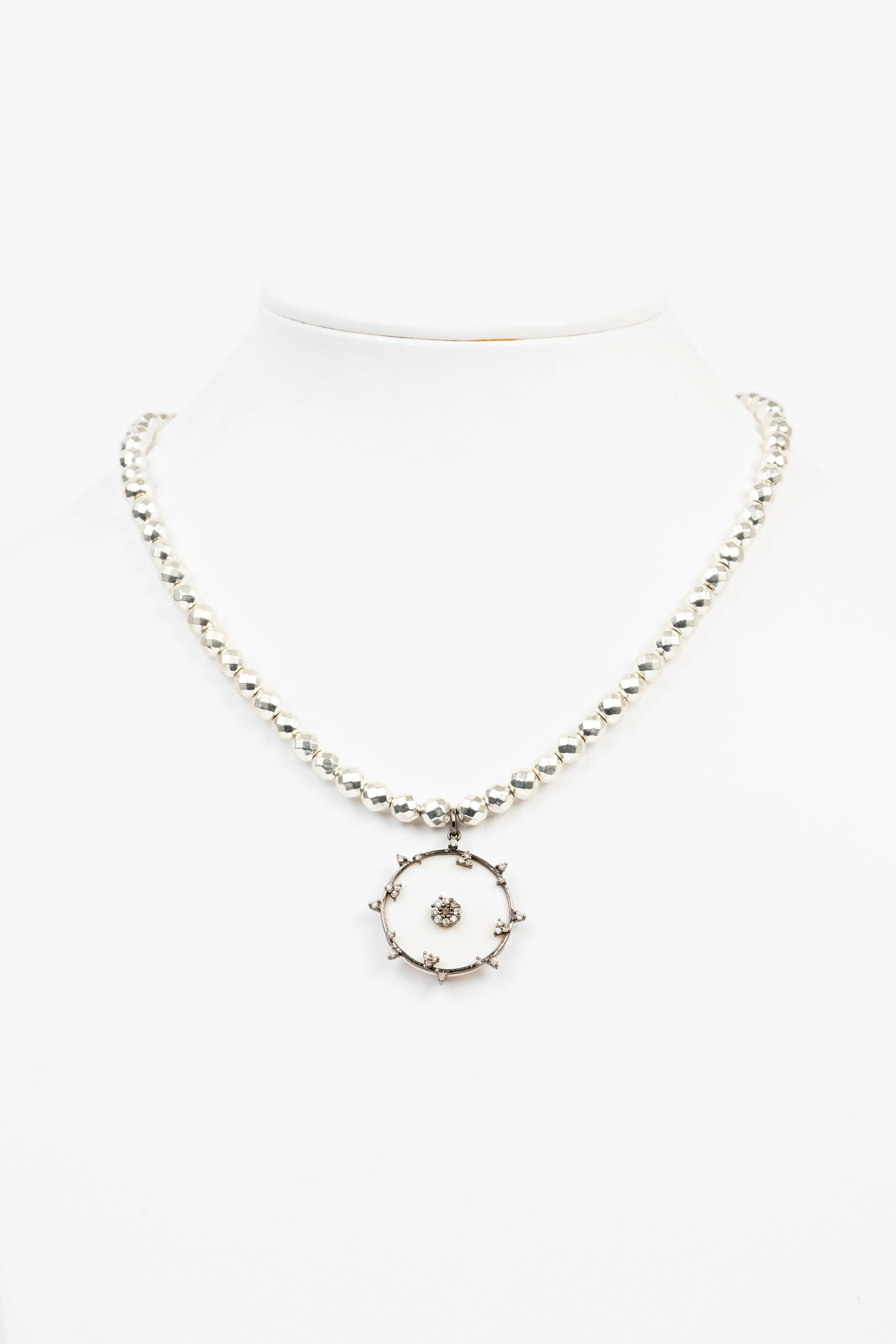 Pave Diamond, Enamel, Silver Pyrite Bead Necklace