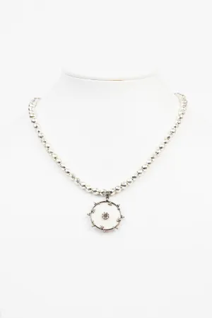 Pave Diamond, Enamel, Silver Pyrite Bead Necklace