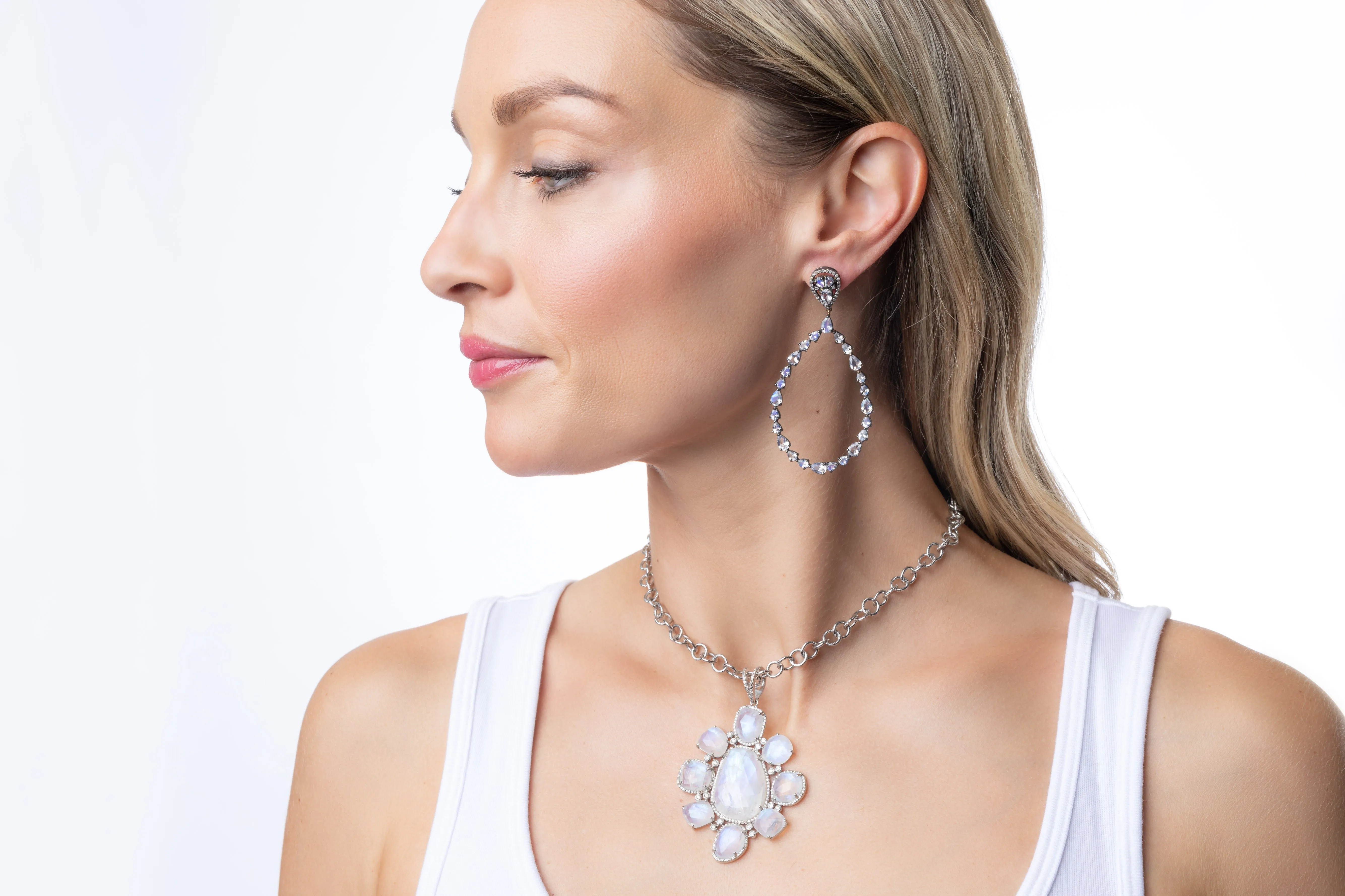 Pave Diamond, Moonstone Earrings
