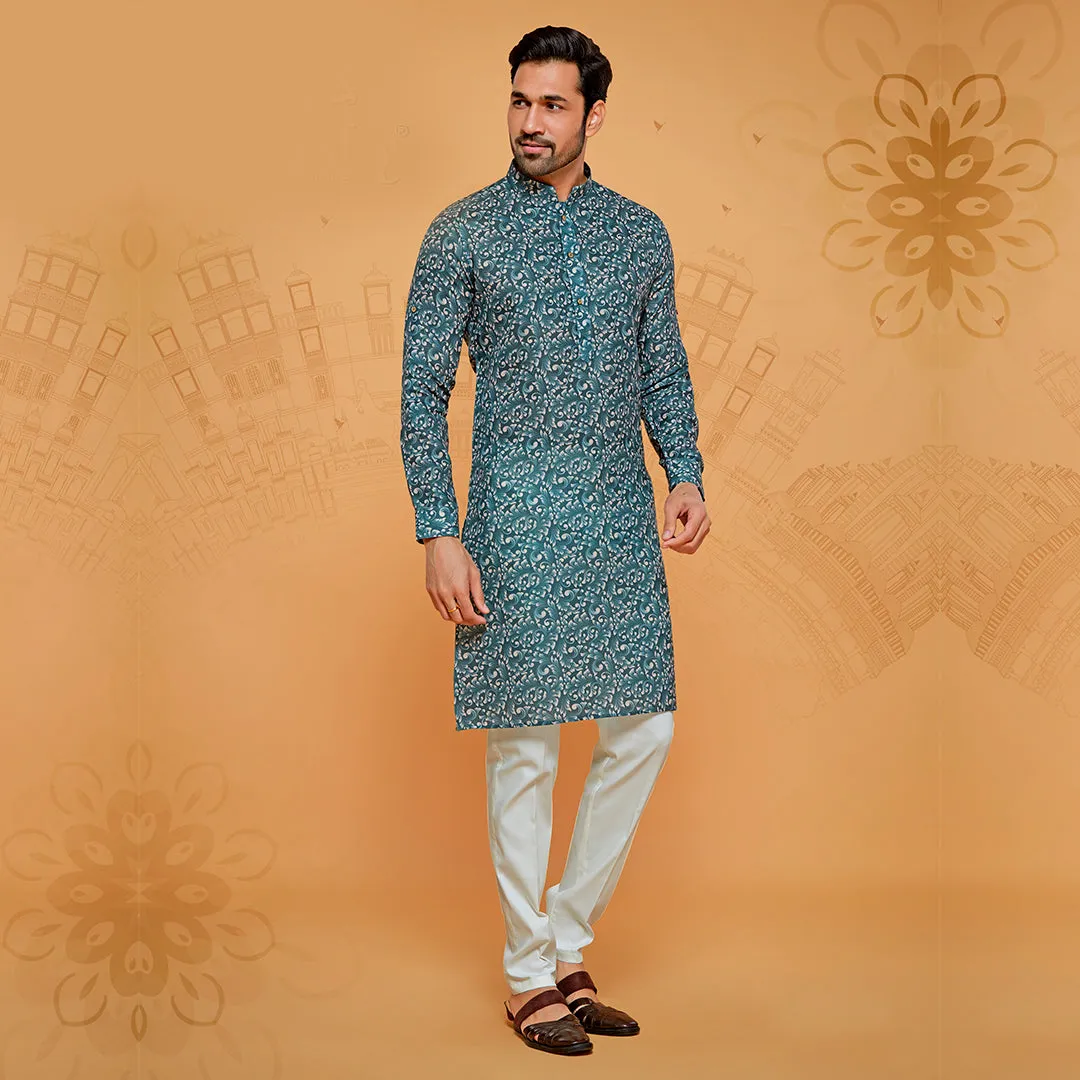 Peacock- Hue Printed Sleek Kurta for Men