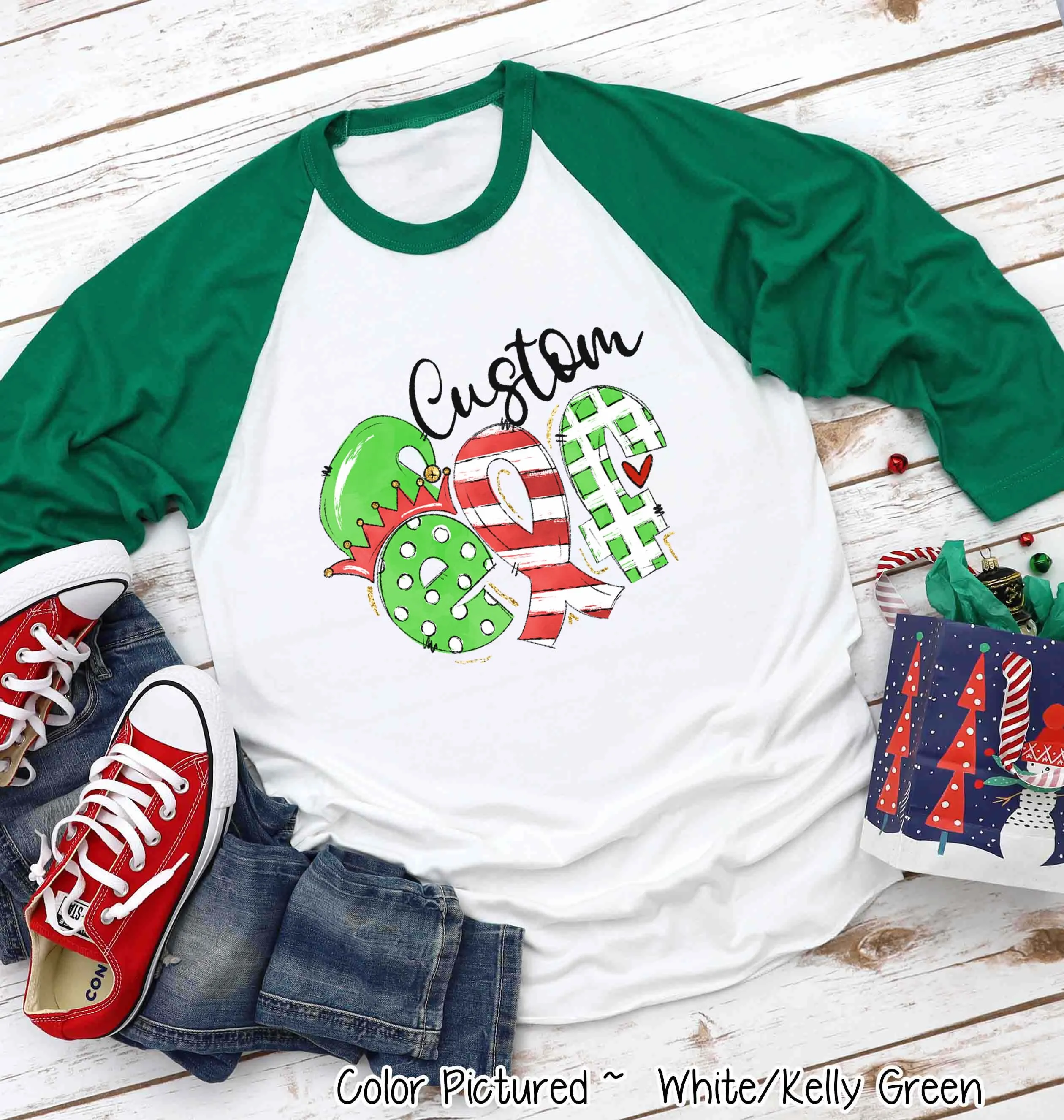 Personalized Family Matching Group Fancy Elf Christmas Raglan Tee