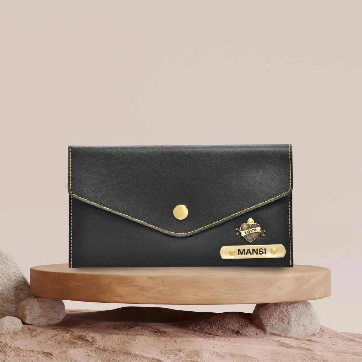 Personalized Minimal Clutch with Charm - Black