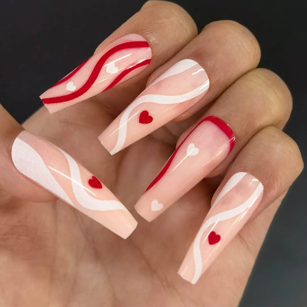 Pink Press On Nails Heart Glossy Coffin Swirl Nail Kit