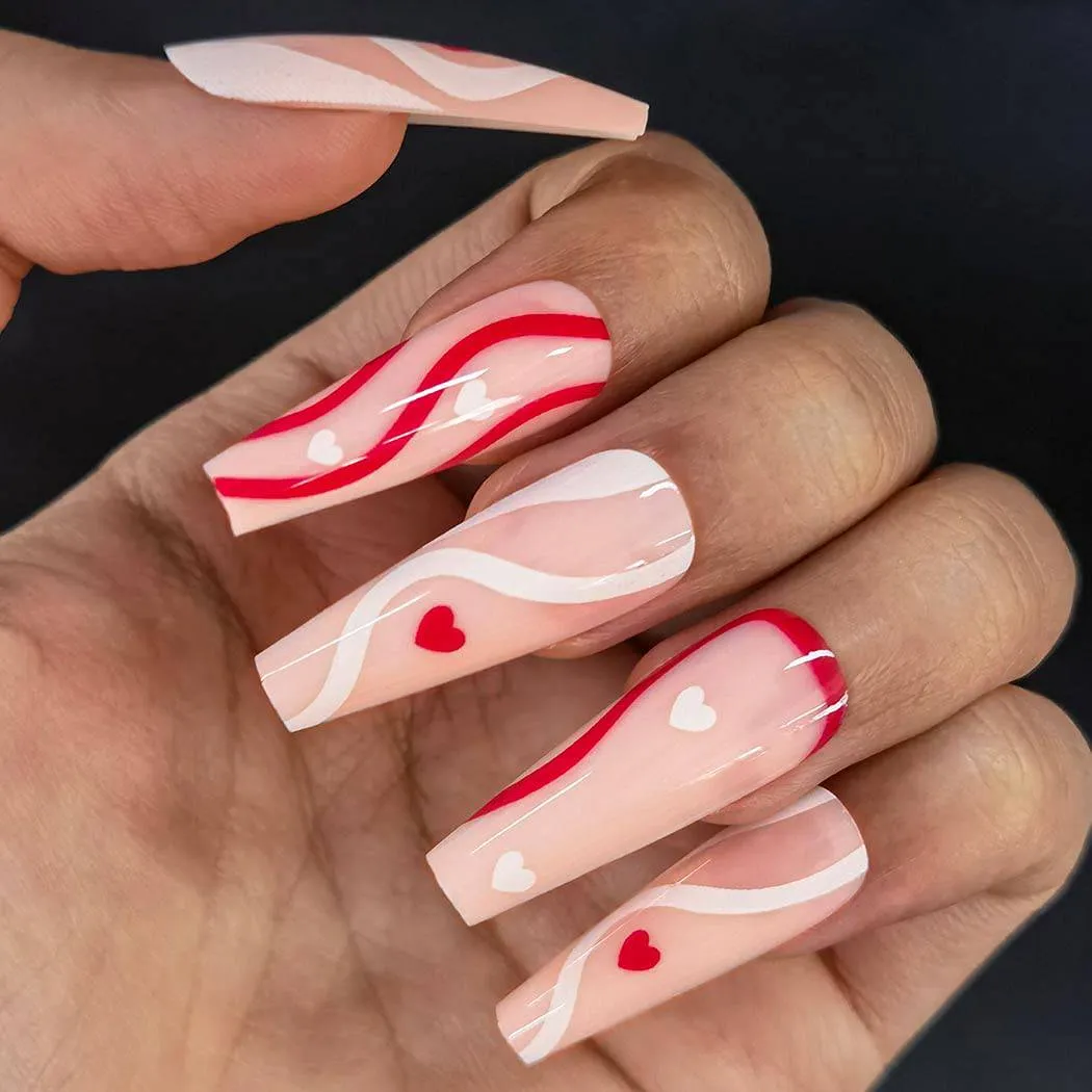 Pink Press On Nails Heart Glossy Coffin Swirl Nail Kit