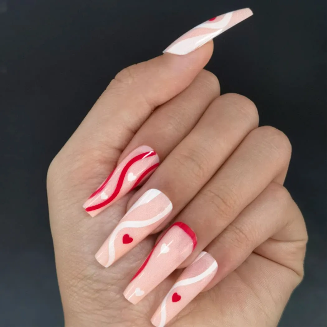 Pink Press On Nails Heart Glossy Coffin Swirl Nail Kit