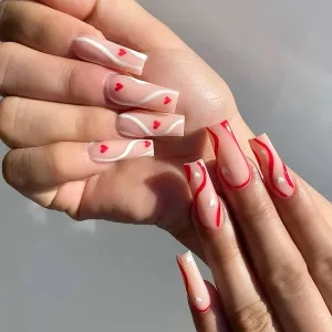 Pink Press On Nails Heart Glossy Coffin Swirl Nail Kit