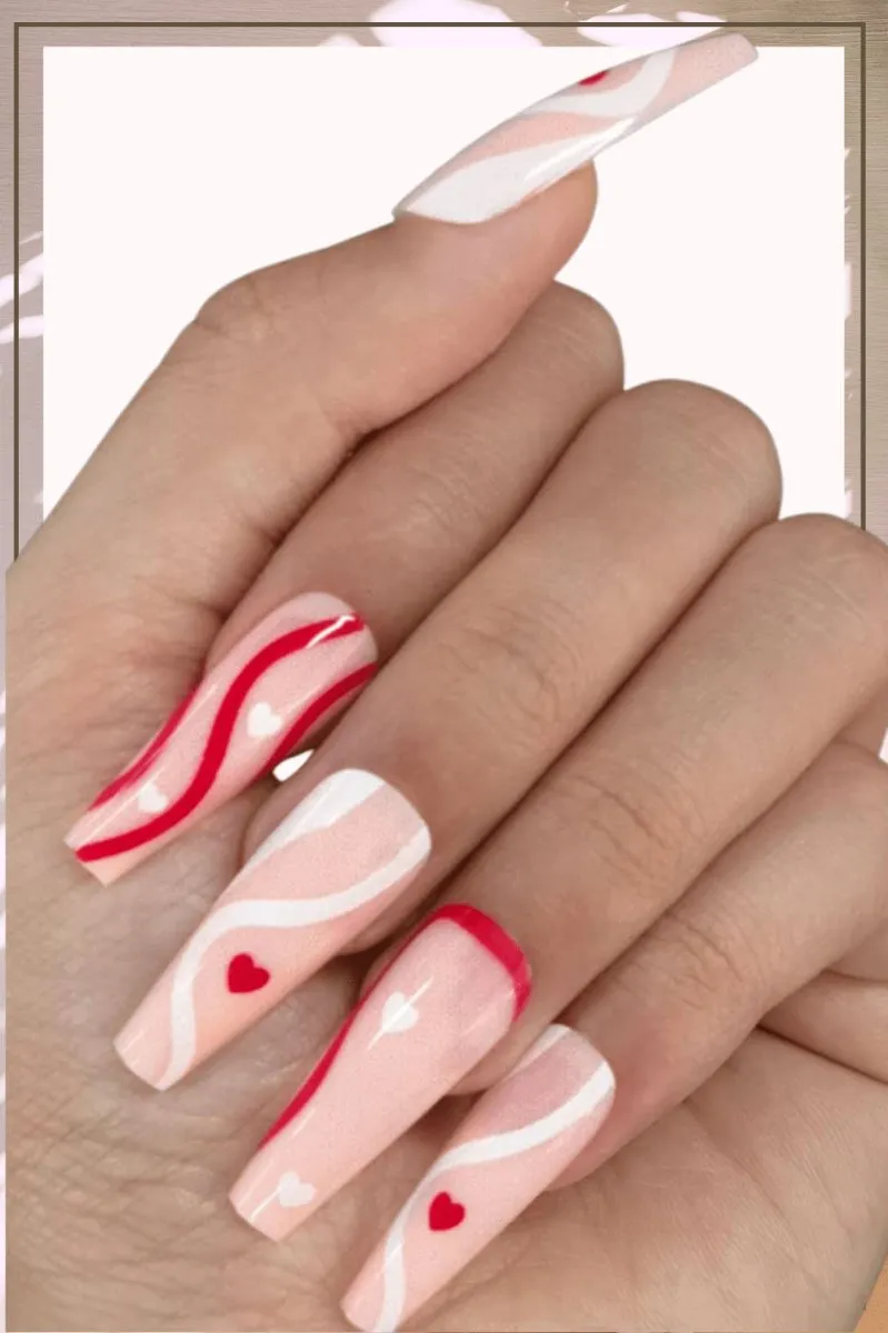 Pink Press On Nails Heart Glossy Coffin Swirl Nail Kit