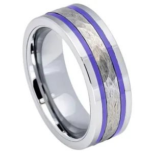 Pipe-Cut Hammered Center with Two Indigo Stripes & Shiny Edges - 8mm