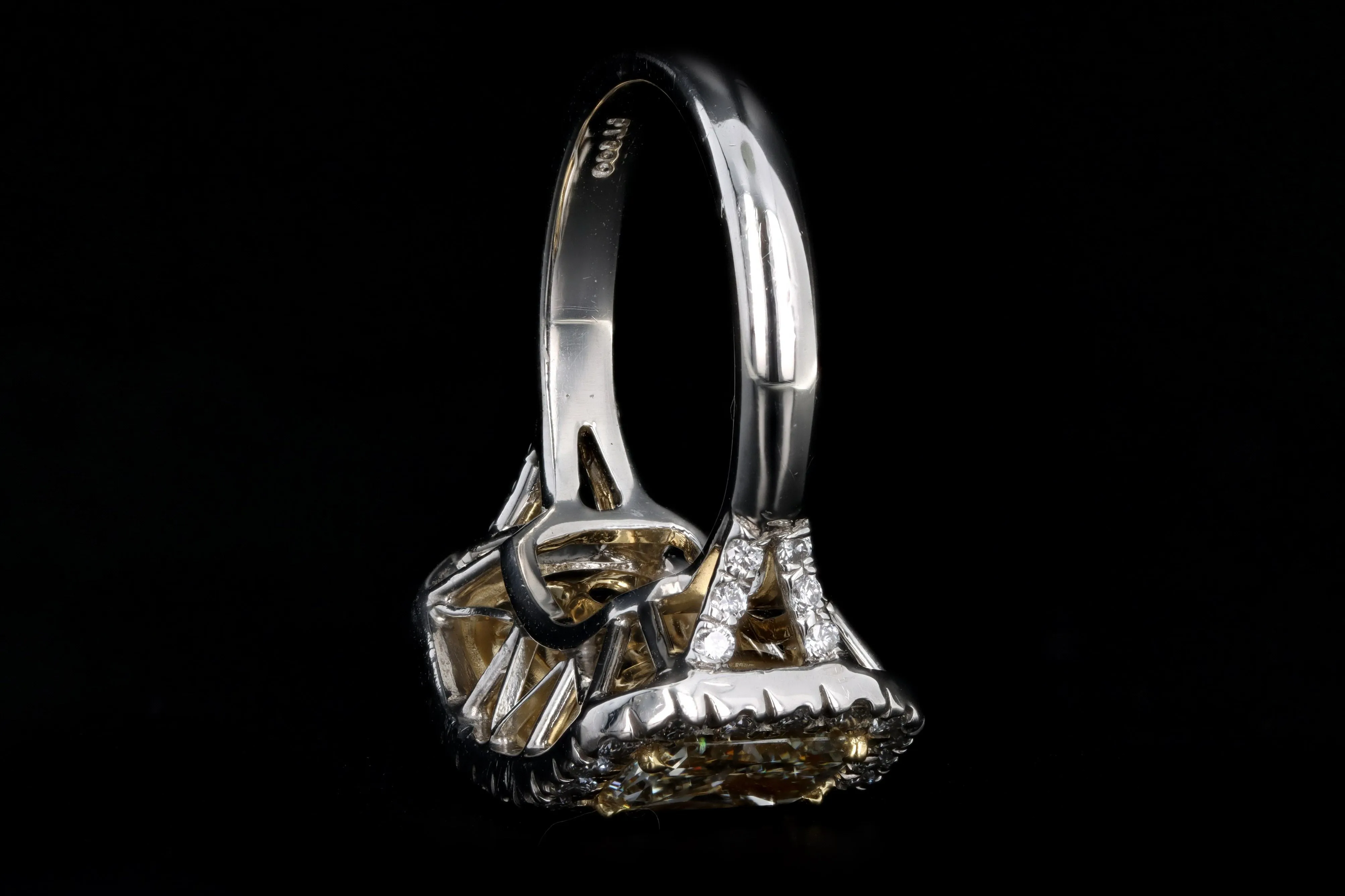 Platinum 5.89 Carat Total Weight Radiant Fancy Light Yellow Diamond Three Stone Ring
