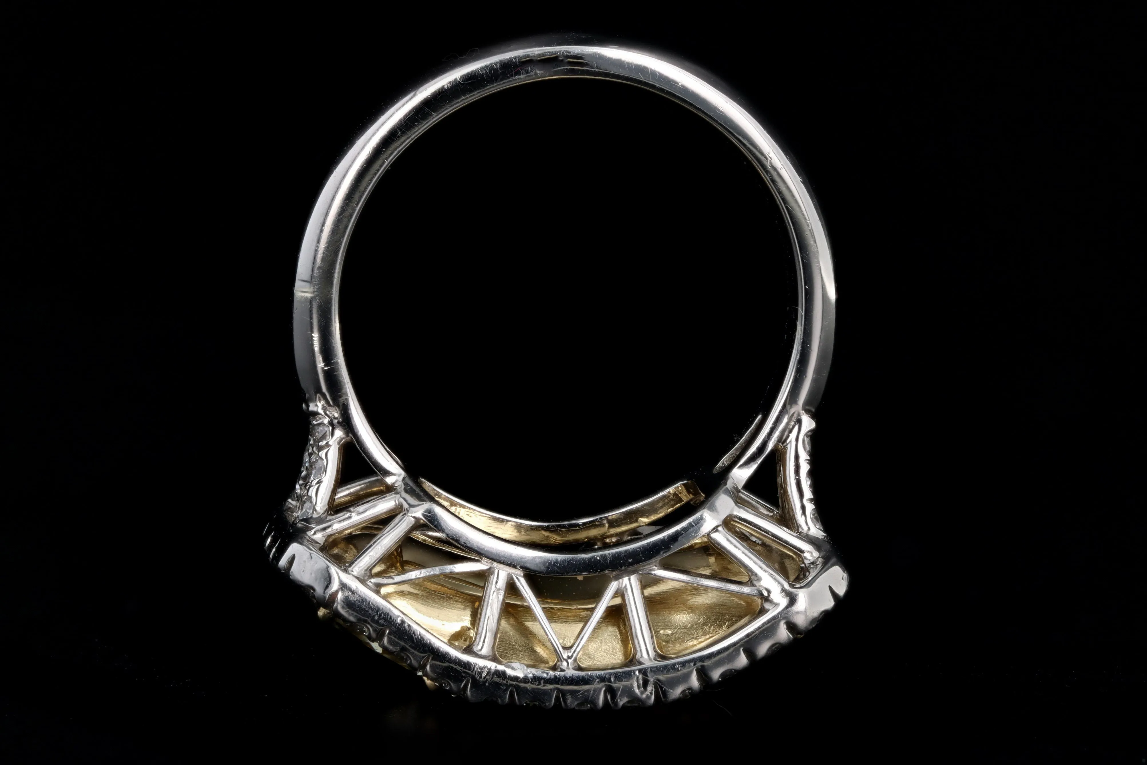 Platinum 5.89 Carat Total Weight Radiant Fancy Light Yellow Diamond Three Stone Ring