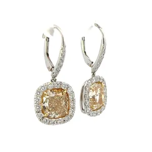Platinum and 18K Yellow Gold Cushion Cut Fancy Yellow Diamond Halo Drop Earrings (7.25ctw)