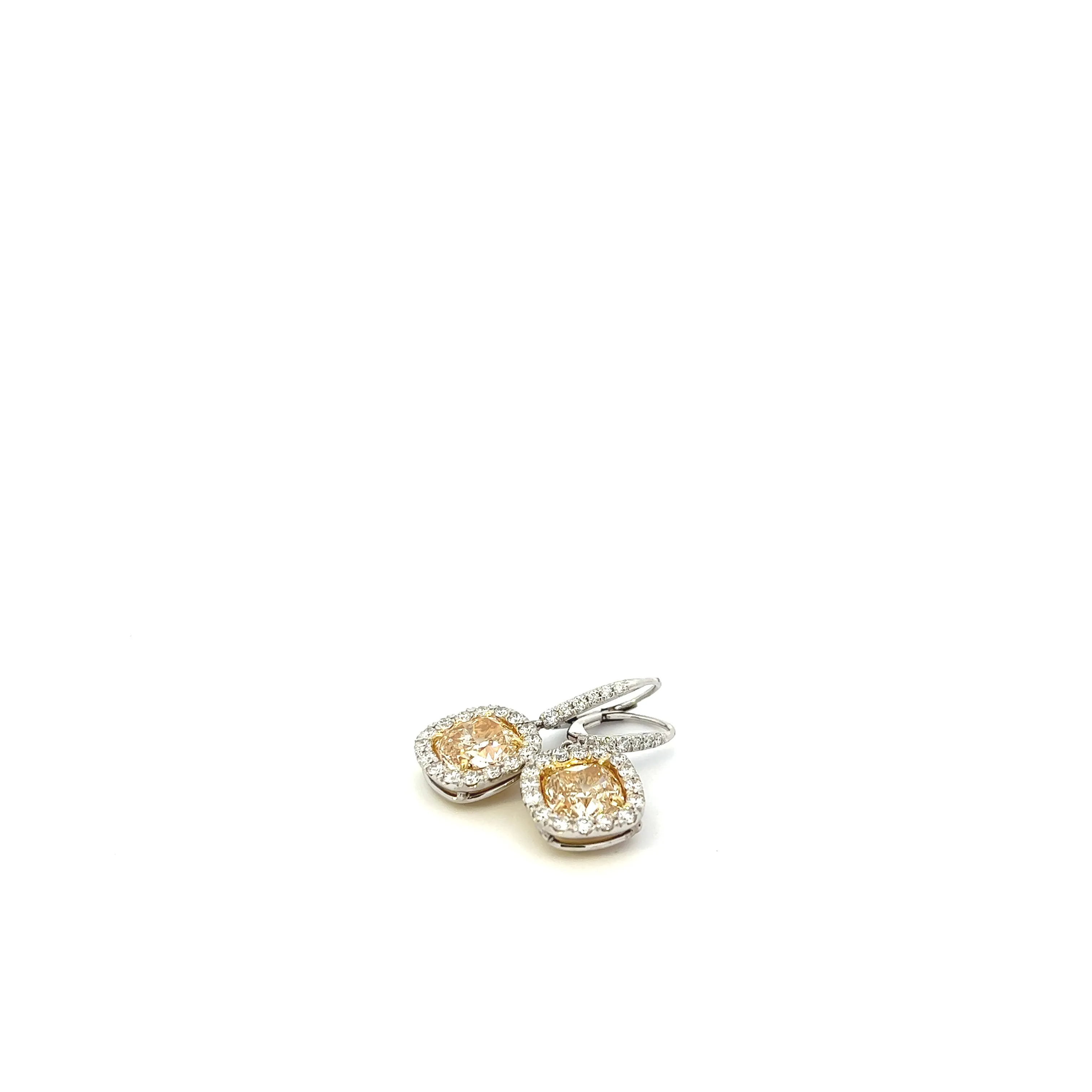 Platinum and 18K Yellow Gold Cushion Cut Fancy Yellow Diamond Halo Drop Earrings (7.25ctw)